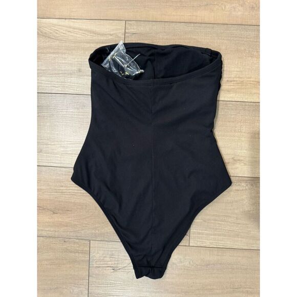 Shade & Shore Black One Piece Shirred Ribbed Bandeau Cheeky Swimsuit M 8 10 - Picture 6 of 6